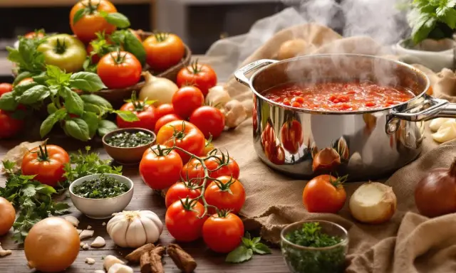 Une marmite de sauce tomate maison mijote, entourée de tomates fraîches, d'oignons et d'herbes.