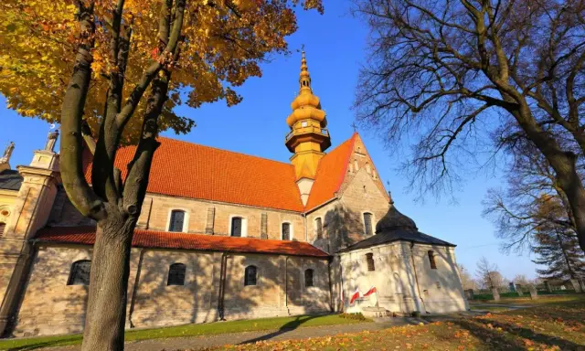 Kamienna świątynia z pomarańczowym dachem i żółtą wieżą, otoczona jesiennymi drzewami. To kościół św. Zbigniewa.