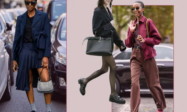 Stylish women showcase how to wear loafers in winter with chic outfits: a navy skirt suit, a black blazer with tights, and a burgundy jacket with brown trousers.