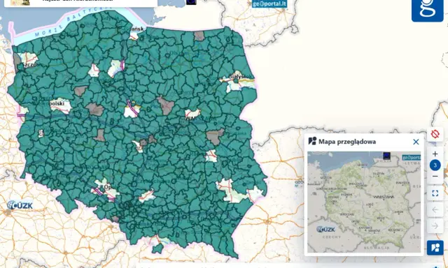 Mapa Polski z zaznaczonymi obszarami w ramach rejestru cen nieruchomości. Widoczna jest mapa przeglądowa.