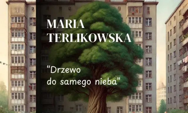 Duże, bujne drzewo wyrasta między blokami mieszkalnymi.