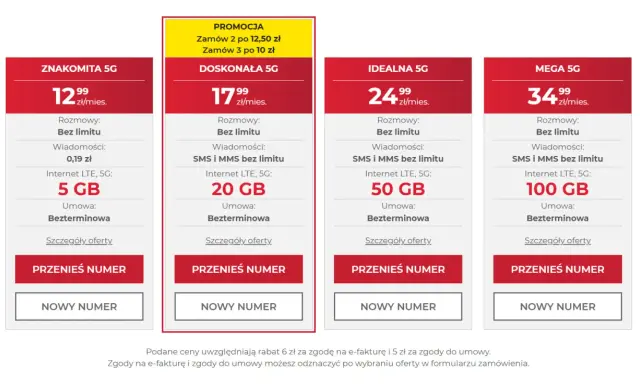 Oferty abonamentu rodzinnego dla 4 osób: 5 GB za 12,99 zł, 20 GB za 17,99 zł, 50 GB za 24,99 zł, 100 GB za 34,99 zł.