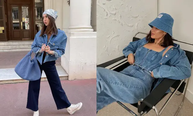 Due donne sfoggiano look total denim. Le giacche in denim, con il loro significato di stile casual e ribelle, sono protagoniste.