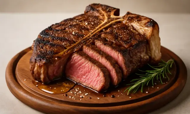 En perfekt tillagad bistecca alla fiorentina, saftig och rosa inuti, med en härlig yta, serverad på en träbricka med rosmarin.