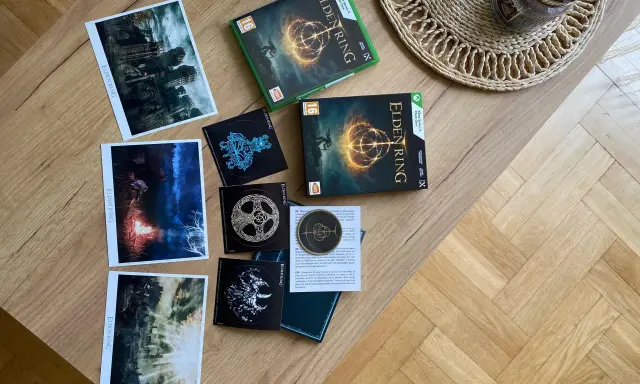 Kolekcja kart, naklejek i pudełek z grą Elden Ring, idealna dla każdego fana, który chce poczuć klimat gry, nawet poza ekranem.