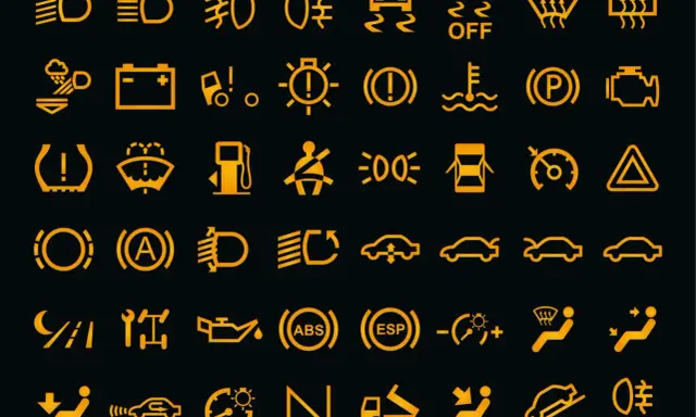 Żółta opis kontrolek na desce rozdzielczej: światła, akumulator, hamulec, silnik, ABS, ESP, ciśnienie w oponach, pasy bezpieczeństwa, temperatura, paliwo, wycieraczki, poduszki powietrzne, kierunkowskazy, tempomat, ostrzeżenie.