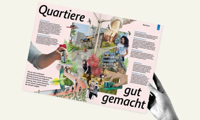 Quartiersentwicklung: Eine Hand hält ein Smartphone, das eine grüne Stadt mit Drohnen und einem Windrad zeigt.