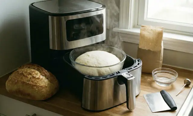 Pâte à pain levée dans un bol, prête à cuire dans une friteuse à air. Le temps pour faire lever une pâte au four est court, mais ici, elle est déjà prête.