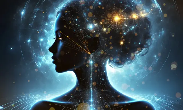 Sylwetka kobiety w kosmicznej sieci neuronów, symbolizująca istoty zbyt inteligentne, by żyć szczęśliwie.