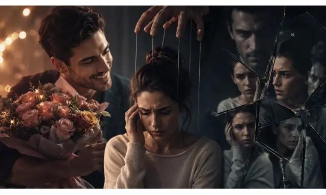 Un uomo sorride offrendo fiori, ma le sue mani muovono fili invisibili su una donna. Riflessi spezzati mostrano il suo tormento, simbolo di manipolazione psicologica.