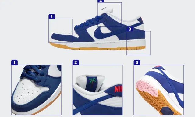 Szukasz informacji, jak sprawdzić numer katalogowy Nike? Zobacz zbliżenia buta: przód (1), język z palmą (2) i podeszwę (3).