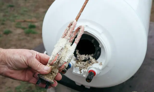 Main d'homme tenant une résistance de chauffe-eau entartrée, montrant l'importance d'éliminer le calcaire pour un bon fonctionnement.