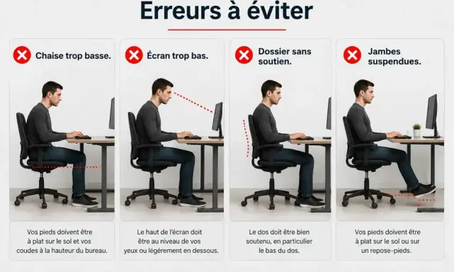 Conseils pour un aménagement des locaux de travail ergonomique : posture correcte, écran à hauteur des yeux, dos soutenu et pieds au sol.
