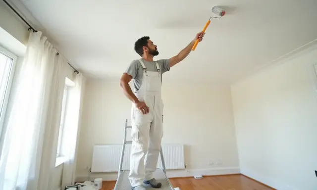 Peintre en bâtiment sur un escabeau, appliquant de la peinture au rouleau sur un plafond. Il est difficile de dire combien de temps pour peindre un plafond de 50m2.