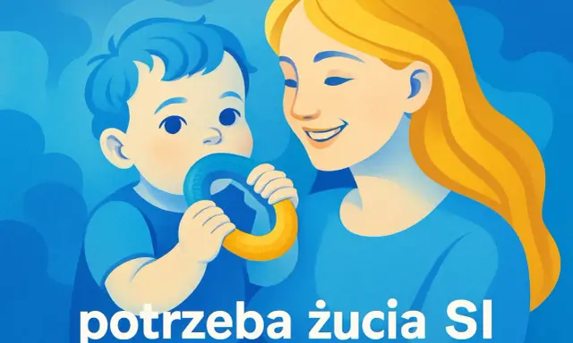 Uśmiechnięta mama patrzy na swojego malucha, który z radością gryzie niebiesko-żółtą zabawkę. Dziecko gryzie ubrania, odkrywając świat.