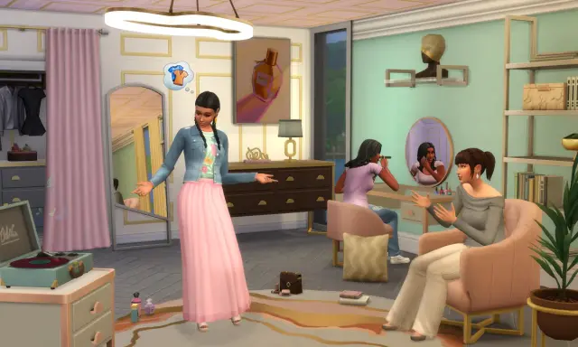 Mody do The Sims 4 meble: dziewczyny przygotowują się do wyjścia w stylowej garderobie.