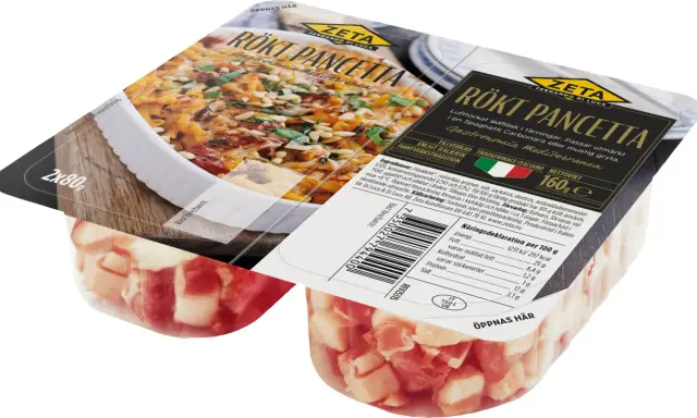 Zeta Rökt Pancetta, perfekt för ett snabbt pancetta recept. Lufttorkat sidfläsk i tärningar, redo för din italienska pasta.