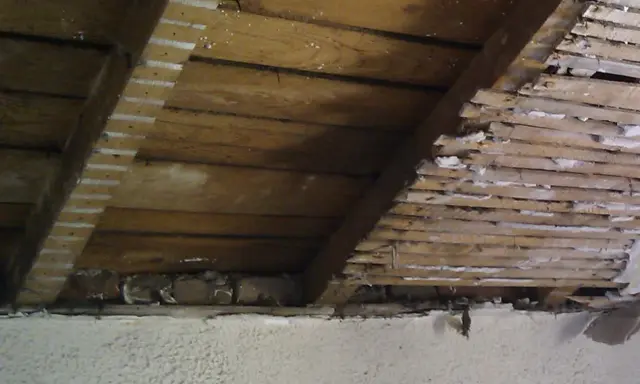 Vue intérieure d'une charpente en bois, montrant des lattes et des planches, avec des traces de plâtre. Un pare-pluie par l'intérieur semble avoir été appliqué.