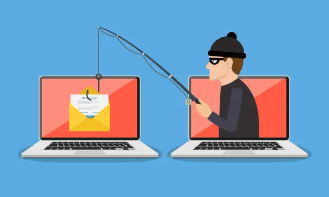 Ein Hacker versucht mit einer Angel, Zugangsdaten von einem Laptop zu stehlen. Ein Symbol für online betrug.