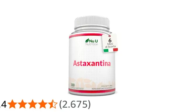 Flacone di Astaxantina Nu U Nutrition, 180 capsule. Informazioni su possibili astaxantina controindicazioni.