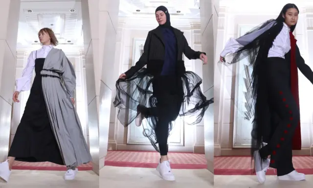 Three Saudi Arabian models showcase avant-garde fashion with flowing fabrics and bold silhouettes.