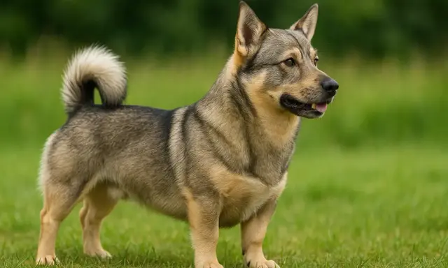 Un spitz des Wisigoths, au pelage gris et fauve, se tient fièrement sur l'herbe verte, la queue enroulée.