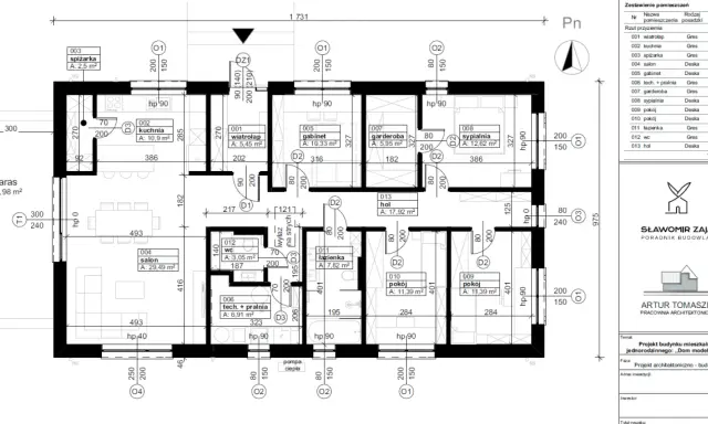 Projekt budowlany zawiera rzut parteru z podziałem na pomieszczenia: salon, kuchnia, sypialnie, łazienka, garderoba, spiżarka, gabinet, hol, techniczne.