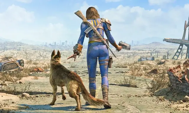 Postapokaliptyczny krajobraz z bohaterką w niebieskim kombinezonie i psem. W tle ruiny i miasto, sugerujące świat po wojnie. To może być obraz z gry Fallout 4, wzbogacony o mody.