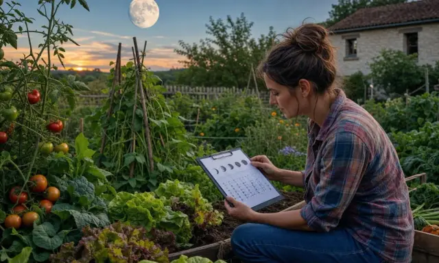 Une jardinière consulte un calendrier lunaire, planifiant ses semis. La pleine lune brille au-dessus d'un potager luxuriant, tomates et salades promettent une belle récolte.