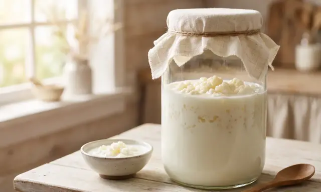 Ein Glas mit Kefir und eine kleine Schale mit Kefir-Körnern, die an Quark erinnern, stehen auf einem Holztisch.