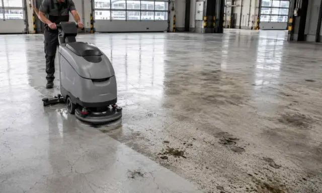 Profesjonalne czyszczenie posadzki betonowej za pomocą maszyny szorującej. Widać wyraźną różnicę między umytą a brudną powierzchnią.