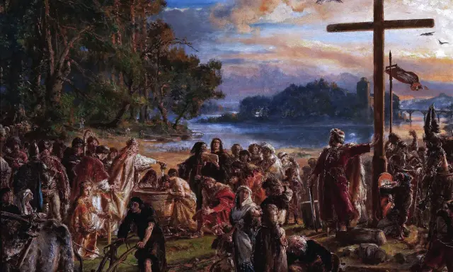 Scena chrztu Polski. Ludzie gromadzą się nad wodą, gdzie duchowny chrzci wiernych. W tle krzyż i zamek.