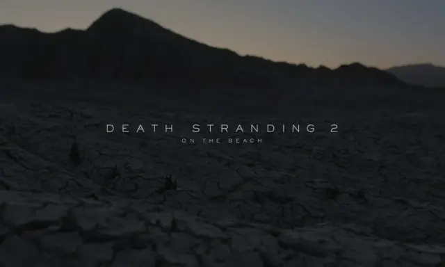 Krajobraz pustynny z napisem "DEATH STRANDING 2 ON THE BEACH". Gra na PC zapowiada się mrocznie.