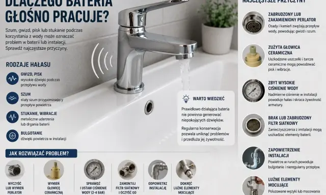 Wymiana głowicy w baterii dwuuchwytowej, czyszczenie perlatora, sprawdzenie ciśnienia wody i filtrów to klucz do cichej pracy baterii.
