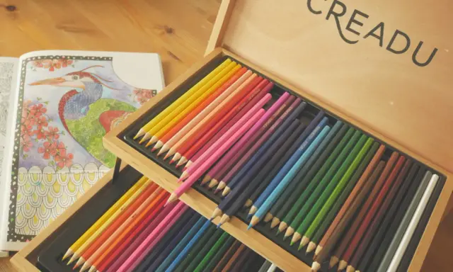 Miękkie kredki artysty malarza w drewnianej kasecie, obok kolorowanki z ptakiem.