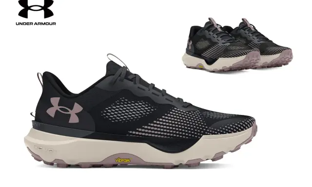 Czarne buty sportowe Under Armour z różowymi akcentami i podeszwą Vibram. Under Armour co to znaczy? To jakość i komfort dla aktywnych.