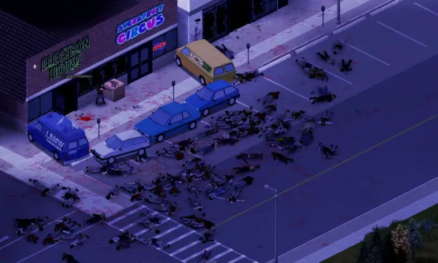 Scena z Project Zomboid: mnóstwo ciał na ulicy, samochody, budynki "Electron House" i "Sugafruit Circus". Wymagania gry są niskie, ale apokalipsa zombie wysoka.