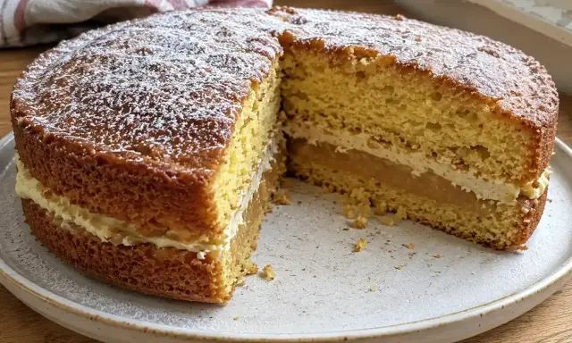 En saftig toscakaka i långpanna, pudrad med florsocker och fylld med krämig vanilj och äppelkompott. Perfekt för fikat!