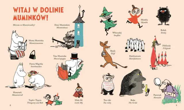 Ilustracja przedstawia postaci z Doliny Muminków, m.in. Muminka, Mamę Muminka, Tatę Muminka, Paszczaka i inne.