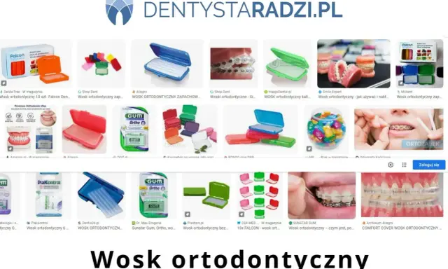 Wosk na aparat ortodontyczny w różnych opakowaniach, kolorach i markach, np. GUM, Falcon. Pomaga chronić jamę ustną przed otarciami.