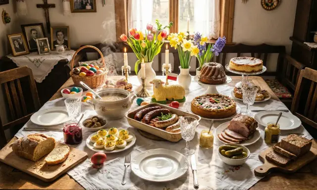 Stół zastawiony na Wielkanoc: babka, sernik, kiełbaski, pasztet, jajka faszerowane, chleb, ogórki, koszyk z pisankami. Ciekawy scenariusz wielkanocny.