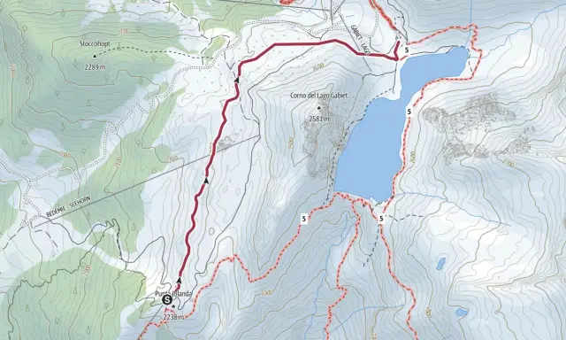 Mappa escursionistica che mostra come arrivare al rifugio Gabiet, con sentieri segnati e altitudini.