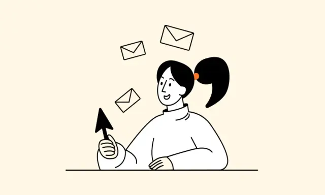 Uśmiechnięta dziewczyna z kucykiem trzyma kursor, a wokół niej latają koperty. Ilustracja pokazuje, jak napisać email.