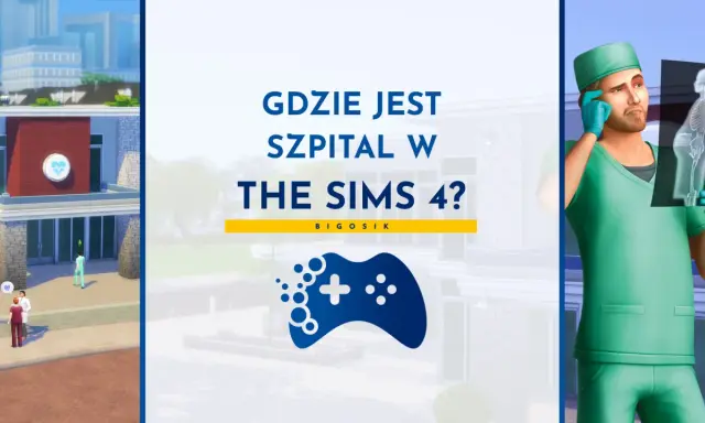 Grafika z pytaniem "Gdzie jest szpital w The Sims 4?". Widoczny budynek szpitala, lekarze i radiolog analizujący prześwietlenie.