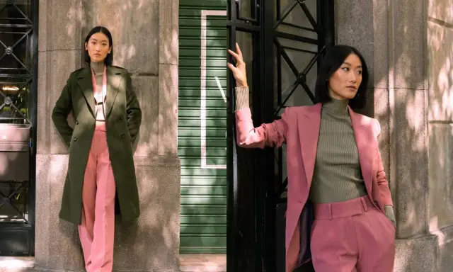Eleganza in abbinamento bordeaux e verde: due donne sfoggiano completi sartoriali con cappotto e tailleur, creando un look sofisticato.