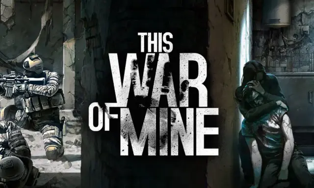 This War of Mine" lektura: żołnierze w ruinach i osoba niosąca rannego. Obraz oddaje trudne realia wojny.