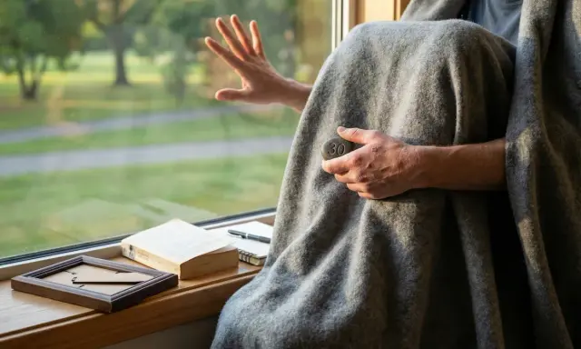 Osoba owinięta kocem trzyma kamień z cyfrą 30, zastanawiając się, ile trwa terapia uzależnień.