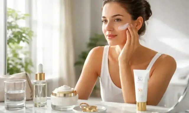 Une femme applique une crème solaire SPF 50. La question est : crème solaire avant ou après crème de jour ?