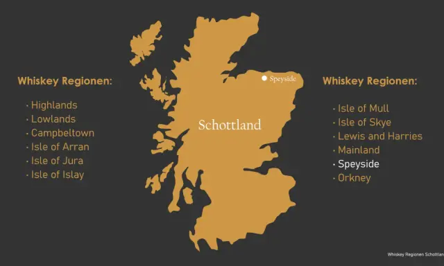 Karte Schottlands mit markierten Whiskey Regionen. Speyside ist hervorgehoben.