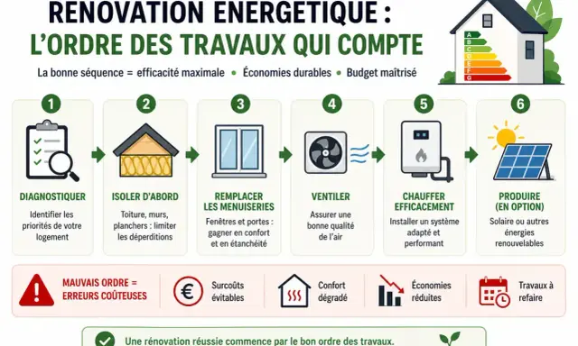 Schéma des travaux de second oeuvre pour une rénovation énergétique : diagnostic, isolation, menuiseries, ventilation, chauffage, production d'énergie.